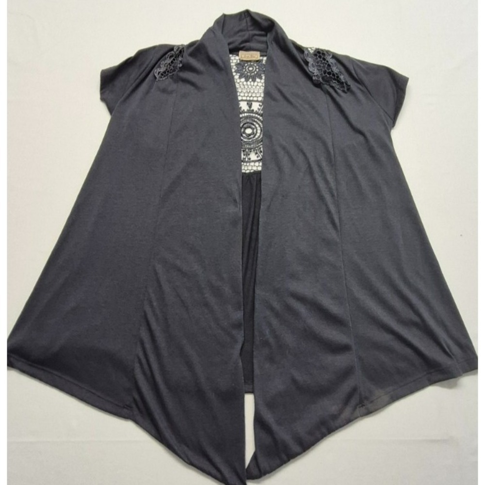 Ever Blue women's dark gray short sleeve cardigan crochet details No Size Tag